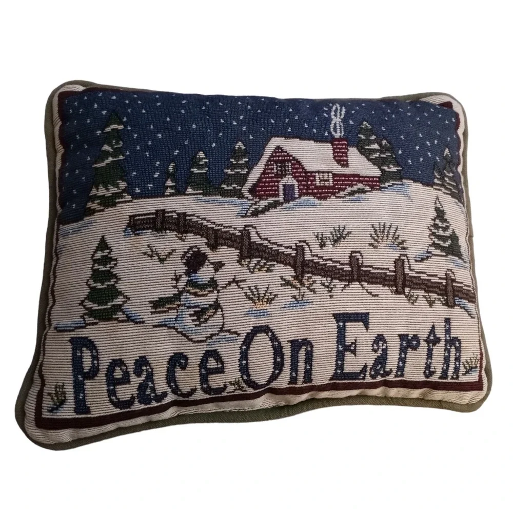 Vtg Christmas Peace on Earth Cabin Snow Needlepoint Decor Throw Pillow 12.5